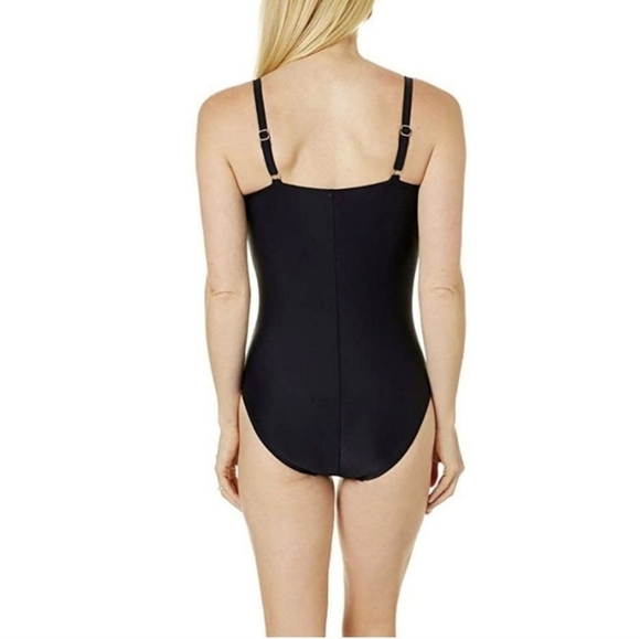LA Blanca Coastal size 8 Front Shirred One Piece Swimsuit Black Floral - Picture 4 of 16